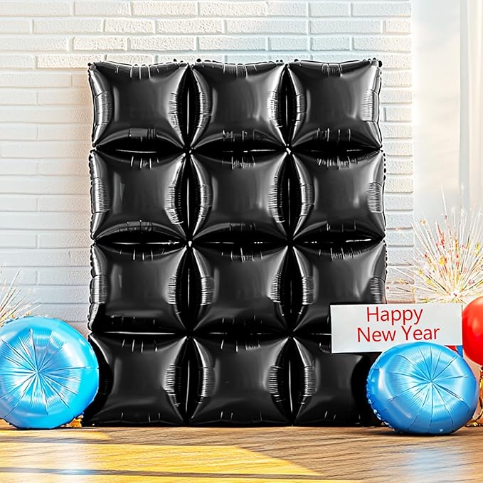 NISOCY 48PCS Black Square Foil Balloons Wall Backdrop Metallic Double Sided Black Balloon Tunnel Arch Kit for New Year Birthday Baby Shower Graduation Party Decorations