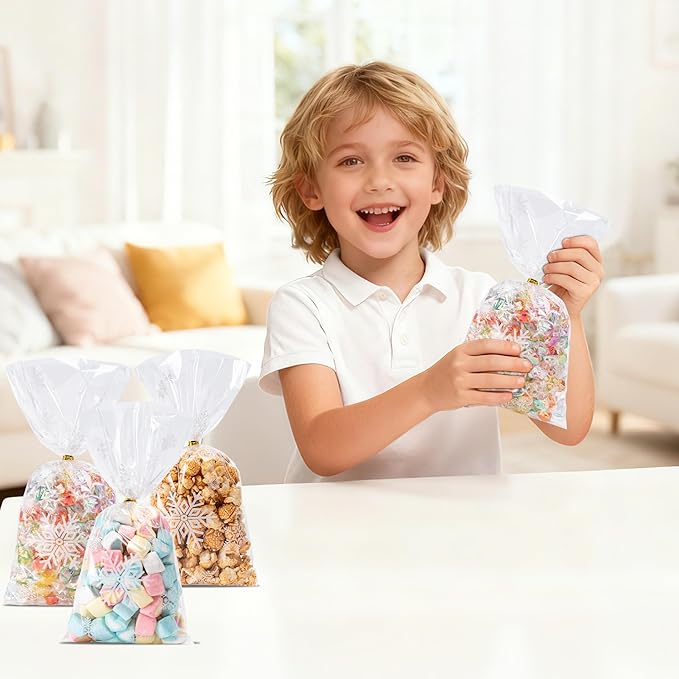 Aegero 120 Pcs Christmas Cellophane Treat Bags, Xmas Gift Candy Goodies Bags with 140 Pcs Twists for Xmas Party Favor Supplies,Kids Party Favors,Snacks Cookies Packing(10.63 x 5.12 inches,Christmas02)