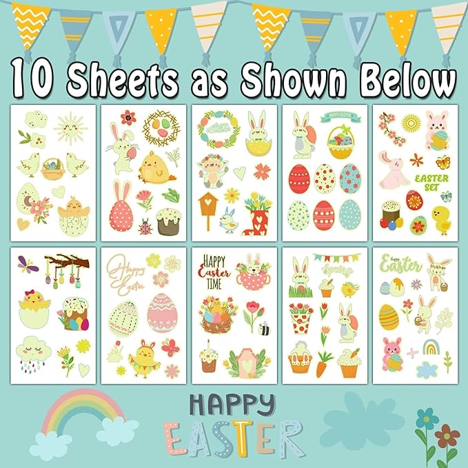 PARTYWIND Glow Easter Basket Essentials Temporary Tattoos for Kids, 100 Styles Luminous Fake Tattoo Stickers with Easter Eggs/Rabbits/Chicks, Party Supplies Goodie Bags Stuffers for Basket