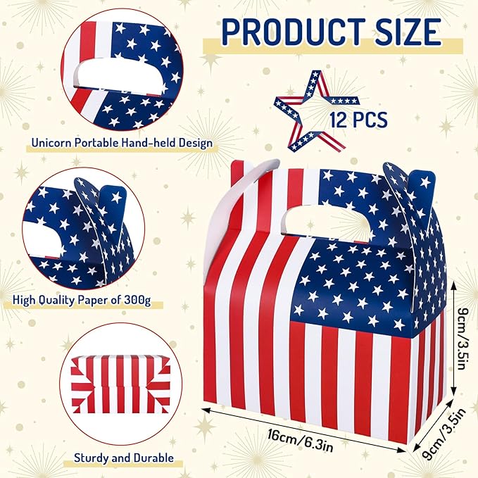 Whaline 12Pcs Patriotic Treat Box with Handle 4th of July American Flag Print Gift Boxes Independence Day Candy Goodie Boxes for Memorial Day Holiday Party Decorations