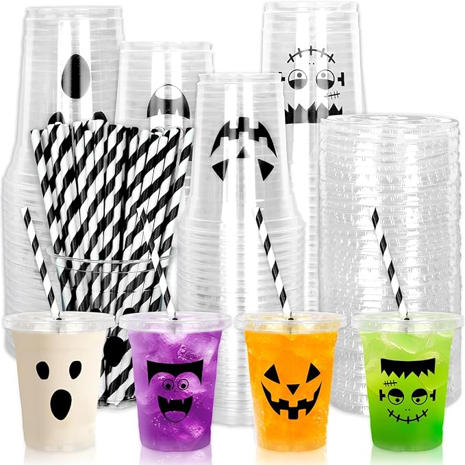 Whaline 60Pcs Halloween Disposable Plastic Cups with Lids and Straws 12oz Vampire Monster Ghost Pumpkin Cold Beverage Drinking Cups for Birthday Party Favors