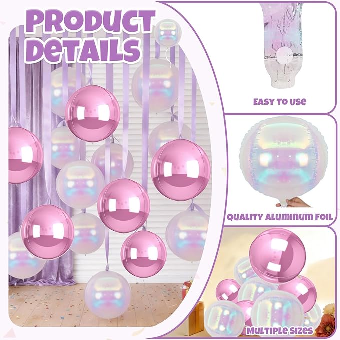 Biapian 12Pcs Pink and Iridescent Round Balloons Foil, 22" 18" 15" 10" 4D Round Shaped Ball Balloon, Large Pink Bubble Balloons for Wedding Prom Bridal Baby Shower Birthday Party Decorations Backdrop