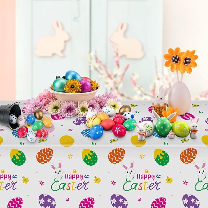 3 Pcs Easter Tablecloth-Happy Easter Bunny Table Cover, Disposable Plastic Rectangle Easter Colorful Eggs Table Cloth for Spring Easter Day Table Decorations and Party Supplies, 54 x 108 Inch