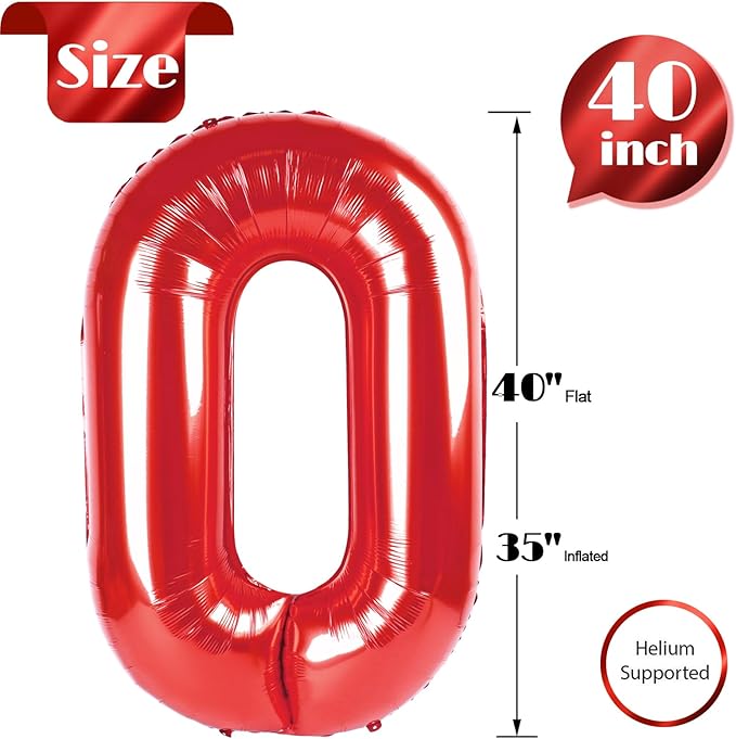 Red Number 0 Balloon 40 Inch, 0 Balloon Numberfor 10th 20th 30th 40th 50th 60th Birthday Decorations, Red Party Supplies for Men Women