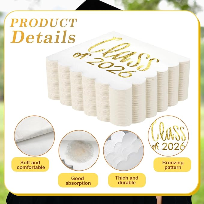 100 Pcs Class of 2026 Graduation Cocktail Napkins 5 x 5 Inch Congrats Grad Scalloped Paper Napkins for Dinner Beverage Graduate Decorations(Gold)