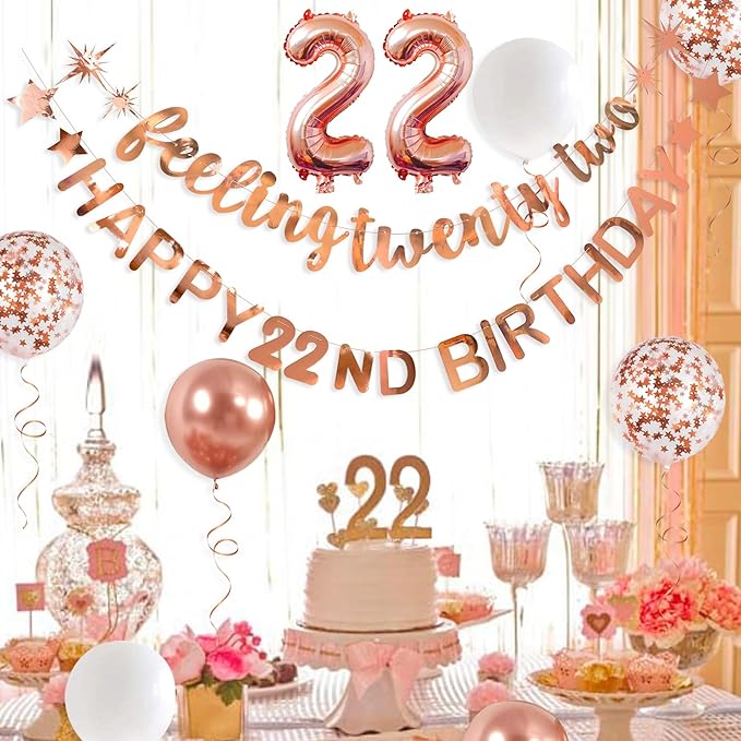 Rose Gold 22nd Birthday Banner, Garland, Foil Balloon, Decorations, Hanging, Cheers to 22 Years Old Party Supplies Backdrop