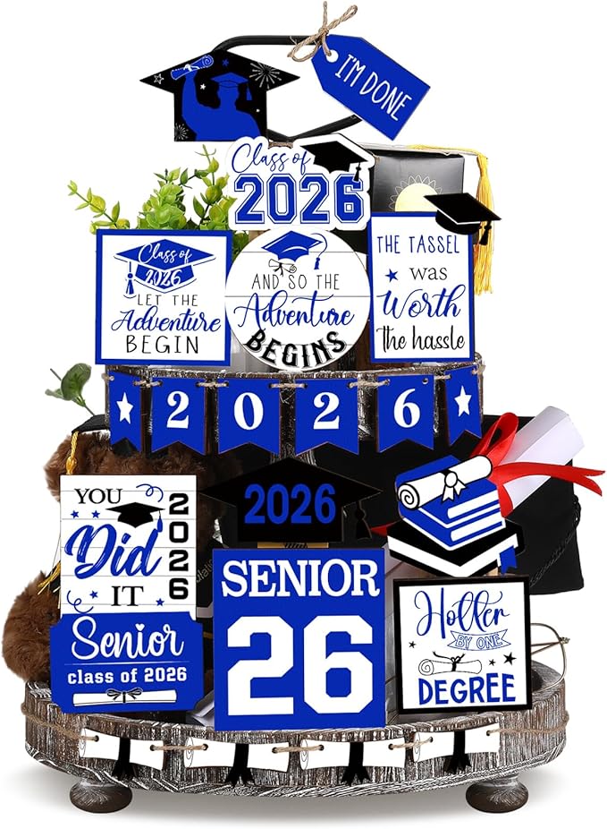 22 Pcs 2026 Graduation Tiered Tray Decor Sets Wooden Graduation Class of 2026 Table Decorations Senior 2026 Gown Diploma Farmhouse Signs for Home Shelf Party Office Desk(Blue)