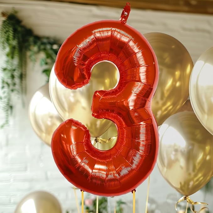 40 Inch Large Red Number Celebration and Decoration Balloon for Birthday Parties, Graduations, Anniversaries, Weddings, Photo Shoots, Special Events - Helium Foil Mylar (Red Number 3)