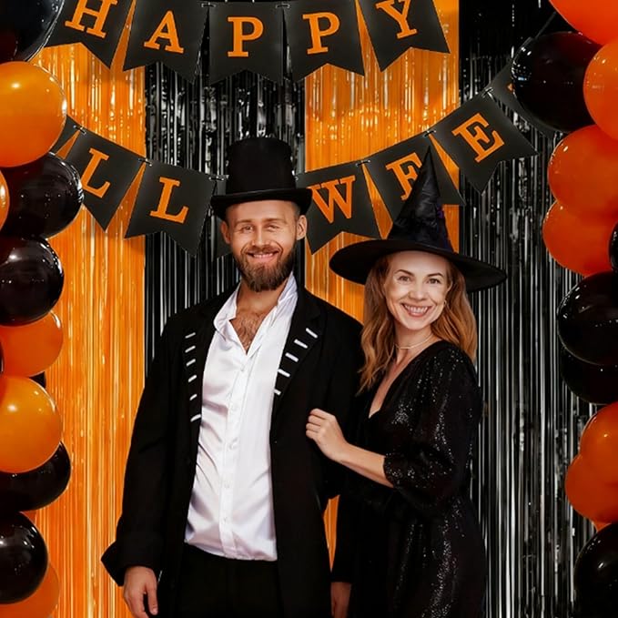 Foil Fringe Curtains - 4 Pack of 3.2x8.2ft Orange Black Foil Fringe Curtains for Birthday Halloween Photo Backdrop Party Decorations, Orange and Black Party Streamers for Photo Booth Props