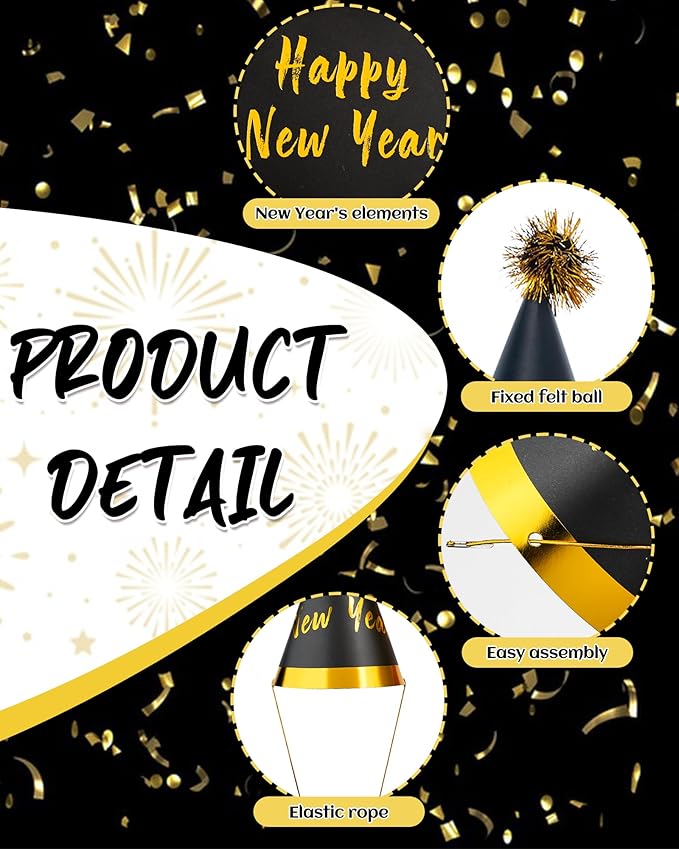 48 Pcs Happy New Year 2026 Party Hats – Gold NYE Cone Hats, Horns & Whistles Set for Adults & Kids, Black Gold New Year’s Eve Party Supplies Decorations