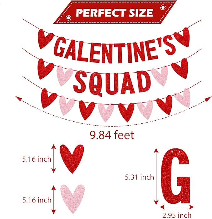 Glitter Galentines Squad Banner with Love Hearts - No DIY - Valentines Day Party Supplies, Women Girl Lady Galentines Day Decorations