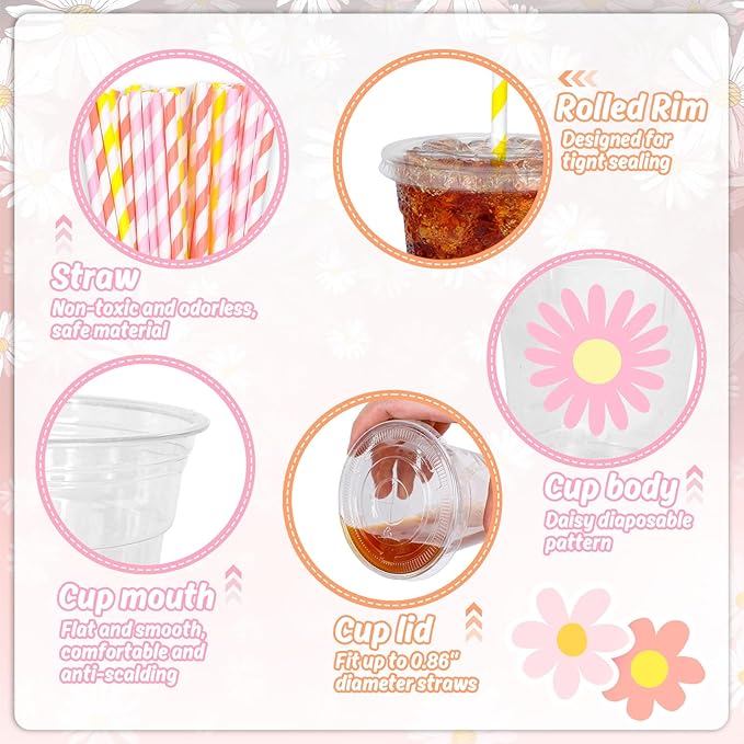 Whaline 60Pcs Daisy Disposable Plastic Cups with Lids and Straws White Pink Orange Daisy Flower Cold Beverage Drinking Cups for Wedding Birthday Baby Shower