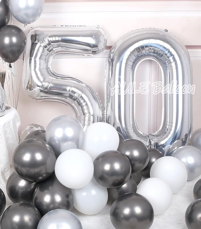 AULE 40 Inch Jumbo Silver Foil Mylar Number Balloons for Men Women 50th Birthday Party Decorations 50 Years Old Anniversary Party Supplies