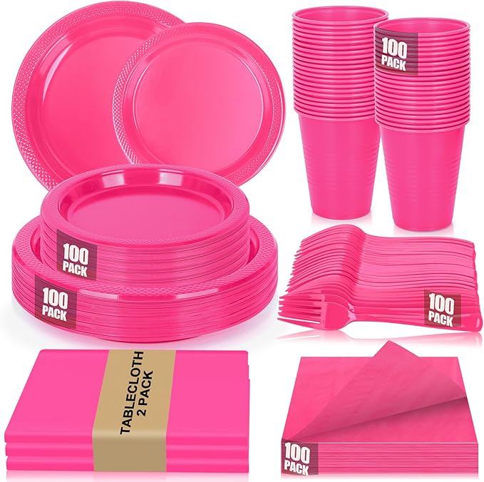 Cerise Plastic Plates Set-100 Guest 9" Dinner Plates & 7" Dessert Plates,12 oz Cups,Napkins,Forks,Hot Pink Disposable Plastic Tableware for Girls Women,Summer Party,Birthday