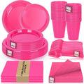 Cerise Plastic Plates Set-100 Guest 9" Dinner Plates & 7" Dessert Plates,12 oz Cups,Napkins,Forks,Hot Pink Disposable Plastic Tableware for Girls Women,Summer Party,Birthday