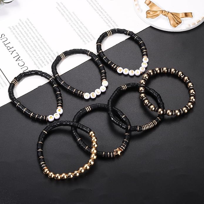 Surfer Heishi Bracelets for Women Stackable Rainbow Vinyl Disc Clay Beaded Stretch Bracelets Elastic Layering Friendship Bracelets Boho Summer Beach Jewelry