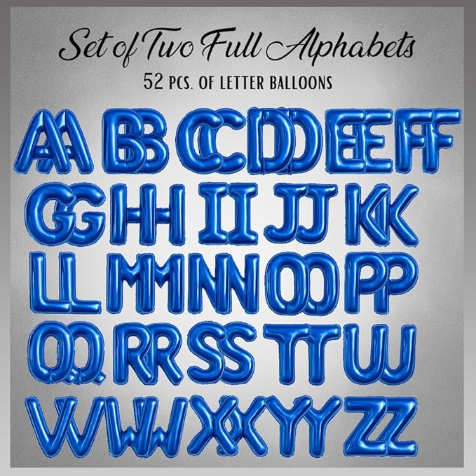 [52pcs] Blue Letter Balloons - 2 Full A-Z Sets For Blue Letter Balloon Banner | Alphabet Ballons | 16 inch Foil Ballon | Customized Name Balloon Letters for a Birthday, Graduation, Wedding Baby Shower