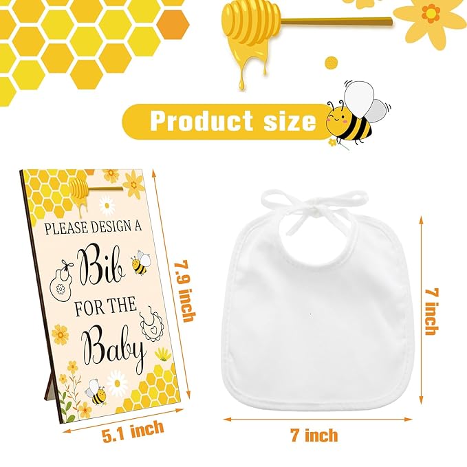 Panitay 43 Pcs Baby Shower Games White Bibs Design, Include Wooden Baby Shower Game Sign, 30 DIY Blank White Bibs, 12 Markers for Gender Reveal Party Decorating Supplies(Honeycomb)