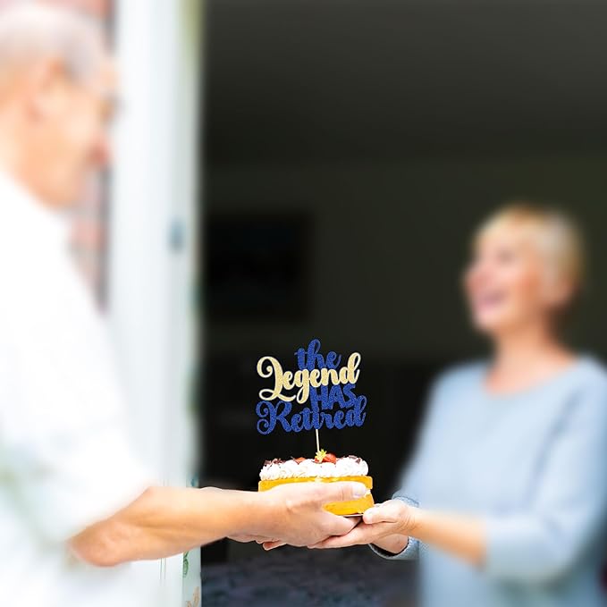 Gyufise 1Pc The Legend Has Retired Cake Topper Glitter Goodbye Hello Tension Pension Cake Pick for Happy Retirement Farewell Theme Party Decoration Supplies Blue Gold
