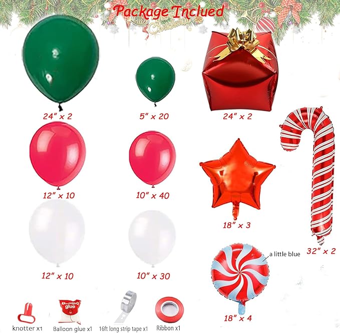 Leesoot Christmas Balloons Arch Decorations 113pcs Red Green White Balloons for Party Gift Star Candy Cane Balloons Indoor Outdoor Decor Christmas Balloon Garland Arch Kit