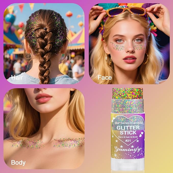 Mardi Gras Hair Face Glitter Stick,Mardi Gras Outfit for Women,Purple Green Gold Body Glitter Makeup,Festival Costume Carnival Accessories Singer Concerts Chunky Glitter Makeup