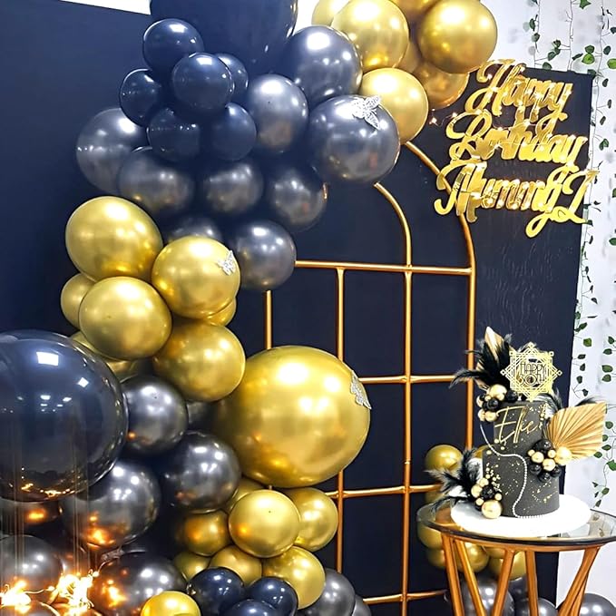 Black and Gold Party Balloons, Black Gold Latex Balloons 50pcs 12 Inch Metallic Gold and Black Balloon for Graduation Birthday Weddings New Year Anniversary Retirement Party Decorations