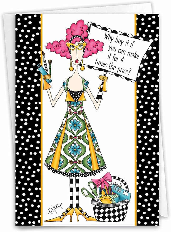 NobleWorks - 1 Funny Birthday Card for Women, Wife - Happy Bday Cartoon, Woman Notecard with Envelope - Four Times the Price C3669BDG