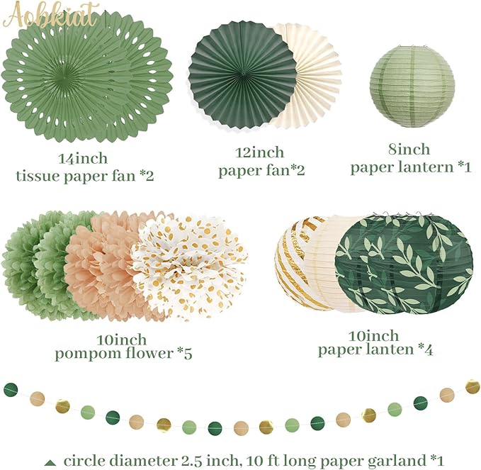 AOBKIAT Sage Green Party Decorations Kit for Birthday,Paper Decor with Flower,Lantern,Party Garland,Streamers for Netural Baby Shower,Bridal Shower,Boho Wedding,Bachelorette,Woodland Theme Parties