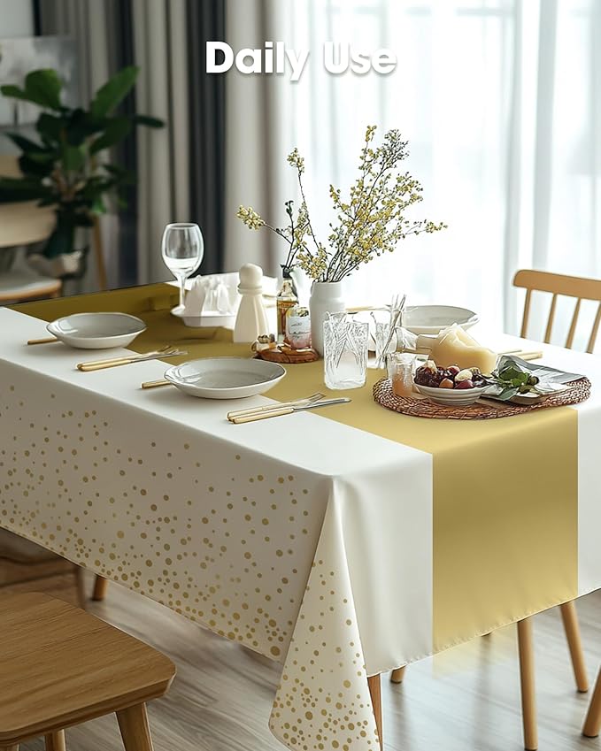 Pureegg Plastic Table Cloth Disposable 8 Pack, 54 x 108 Inch, Table Runner Style, Graduation Decorations 2026, Party Tablecloths, Rectangle, Plastic Cover, Leakproof & Sturdy, White Gold