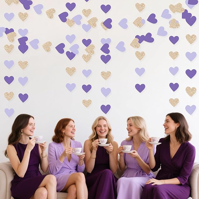 Champagne Gold Purple Heart Party Decorations Glitter Paper Love Heart Hanging Garland Banner Streamer for Valentines Day Birthday Baby Shower Wedding Anniversary Lilac Violet Lavender Themed Party