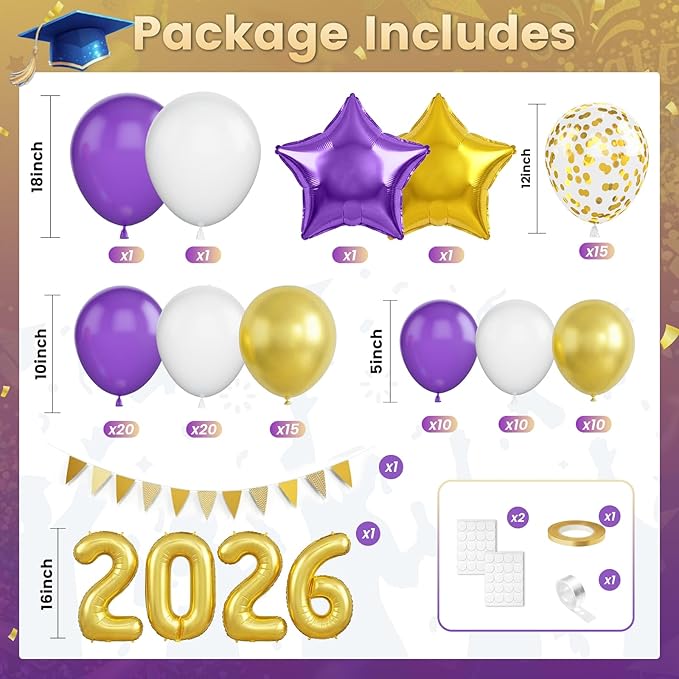 Purple Gold White Balloons Arch Kit, Purple White Balloons with Star Balloon Pennant Flag Bunting 2026 Foil Balloon Banner, Gold Confetti Balloon Garland for Class of 2026 Graduation Theme Party