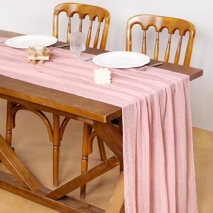 Socomi Pink Gauze Easter Spring Cheesecloth Table Runner Blush 120 Inch Rustic Boho Cheese Cloth Runner for Wedding Party Baby Bridal Shower Centerpiece Decoration Holiday Home Decorations