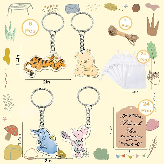 72pcs Winnie Baby Shower Favors Keychain, Winnie themed Birthday Party Supplies, 24 Acrylic Keychains, 24 Tags, 24 Gift Bags for Winnie Themed Party