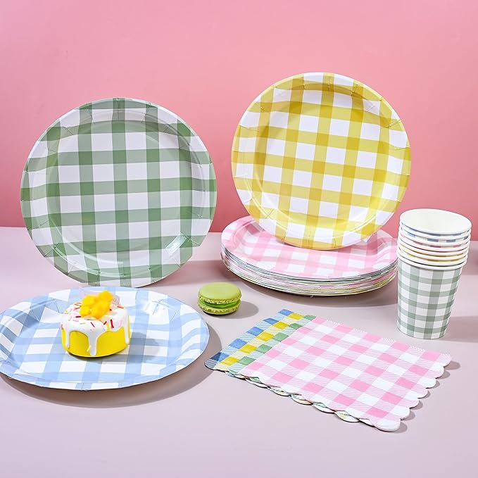 72Pcs Gingham Party Supplies 9 Inch Easter Party Colorful Dessert Paper Plates and Napkins Set Easter Disposable Round Picnic Plaid Plates Napkins Cups Checkered Dinnerware Set for Baby Shower Wedding