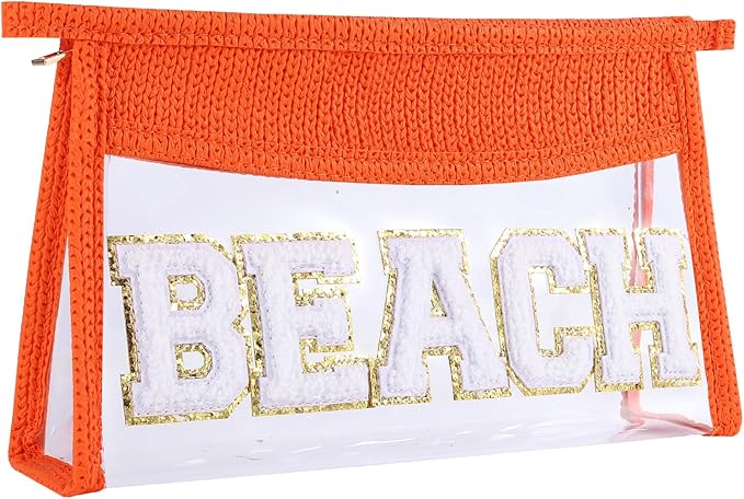 Beach Pouch Sunscreen Clear Makeup Bag Chenille Letter Beach Cosmetic Pouch Summer Essential Cute Toiletry Pouch Travel Accessories Gifts for Women