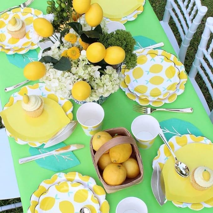 MaitianGuyou Lemon Party Decorations Disposable Dinnerware Set, Include Yellow Paper Plates, Cups, Straws and Napkins,Fruits Tableware Set for Lemonade Themed Birthday Decorations