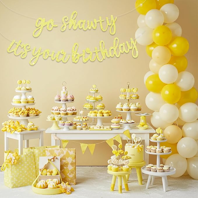 BEISHIDA Go Shawty It's Your Birthday Banner NO DIY Hip Hop Theme Happy Birthday Banner Pre-Strung Rap Theme Happy Birthday Sign for Man Women birthday Party Supply Glitter Light Yellow