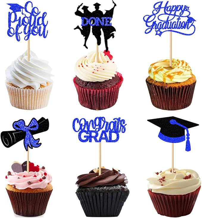 24 Pack 2026 Congrats Grad Cupcake Toppers Set, Glitter Graduation Cupcake Decor, Class of 2026 Cupcake Picks for Senior High School College Grad Party Decorations(Black with Royal Blue) B
