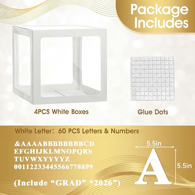 Ledido 2026 Graduation Balloon Boxes Decorations, 4 Pieces White Clear Grad Balloon boxes with Letters, Class of 2026 Graduation Party Supplies for College, High School, Prom, Birthday, Baby Shower