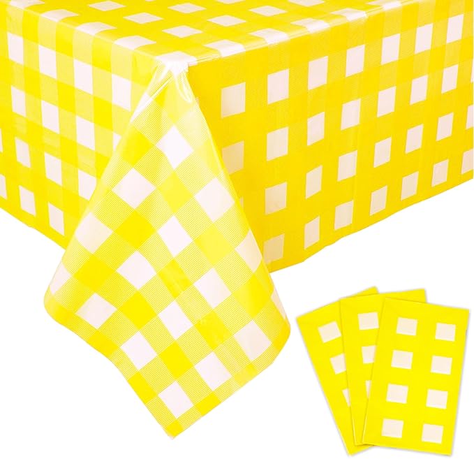 Kesfey 3 Packs Yellow Gingham Tablecloth 54 x 108 Inches Yellow and White Checkered Table Cloths Disposable Plastic Gingham Tablecovers Waterproof Rectangle Picnic Plaid Table Cover for Camping Party