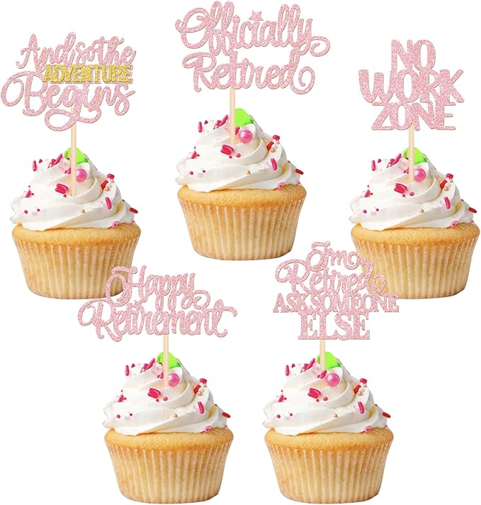 30 PCS Happy Retirement Cupcake Toppers Officially Retired Cupcake Picks No Work Zone Adventure Begins Cake Decorations for Retirement Theme Farewell Birthday Party Decor Supplies Pink