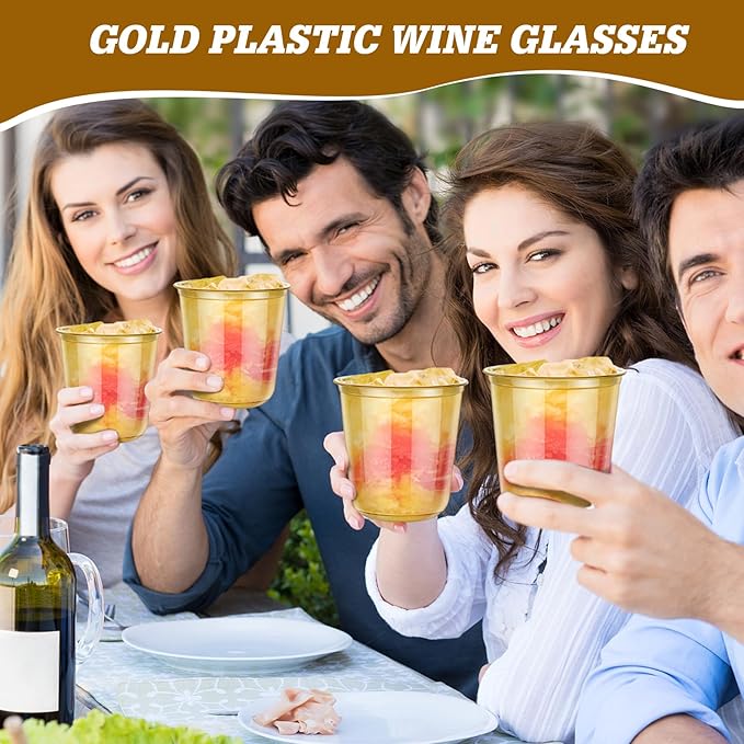 KesaPlan 50 Pcs Gold Plastic Cups, 12oz Disposable Stemless Wine Glasses for Cocktail Cute Clear Cocktail Wine Glasses Gold Party Cups for Meeting Wedding Graduation Holiday Party