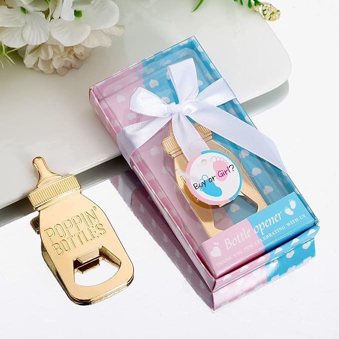 24Pack Baby Bottle Openers for Baby Shower Favors, Gifts, Decorations Souvenirs, Poppin Bottles Openers with Gifts Box used for Guests Gender Reveal Party Favors,Boy or Girl?Twin Party Supplies