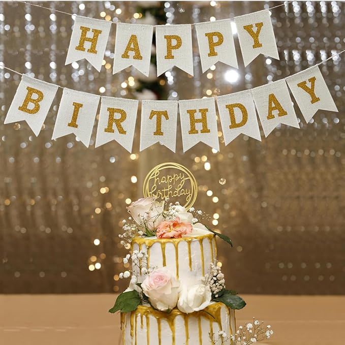 Happy Birthday Banner, Pre-Strung Burlap Happy Birthday Sign Garland, White and Gold Birthday Decorations for Girl Men Women