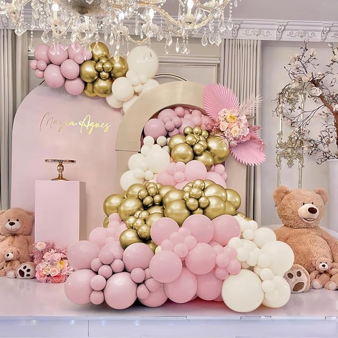Pink White Gold Balloon Garland Arch Kit, 160Pcs Pastel Pink Matte White Metallic Gold Balloons for Girls Birthday Baby Shower Wedding Bridal Shower Party Decorations