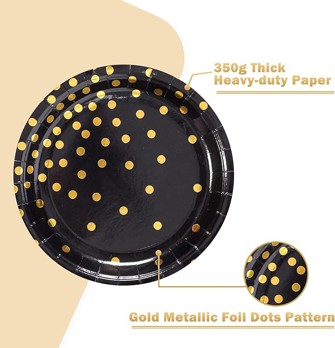 Black Gold Paper Plates 100PCS,7inch Black and Gold Dots Dessert Plates,Disposable Round Party Supplies Great for Birthday,Graduation,Retirement,Father's Day