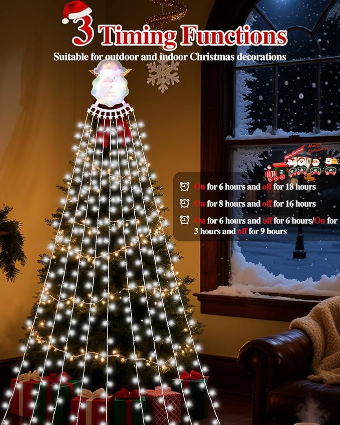 Christmas Waterfall Outdoor String Lights, Christmas Tree Lights with Topper 335 LED 11.48ft 9 Strands, 8 Lighting Modes Holiday New Year Decoration Lights for Wedding Yard Party Home Indoor Decor