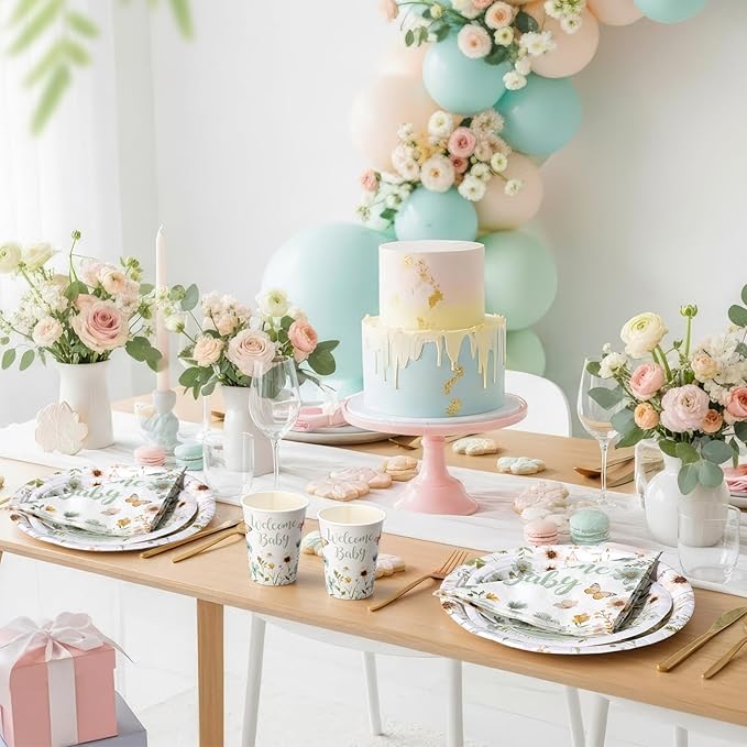 Pickmesh 250 Pcs Sage Green Floral Baby Shower Party Supplies Decorations Serve 50 Wildflower Welcome Baby Disposable Paper Plates Napkins and Cups for Birthday Babies Boy Shower Gender Reveal Party