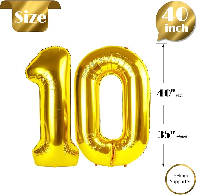 Gold Number 10 Balloon 40 Inch, 10th Birthday Party Decorations for Children, Giant 10 Foil Balloon for Party Supplies