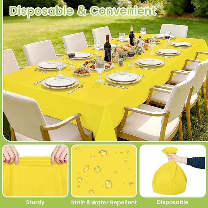 Mulbozy Yellow Plastic Table Cloth Disposable 4 Pack, 54 × 108 Inch Tablecloths Rectangle, Yellow Plastic Table Cover for Party Decor